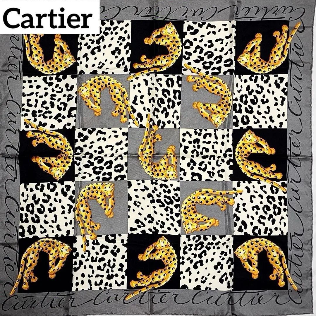 ★Cartier★ Scarf Leopard Leopard Logo Check Silk Grey