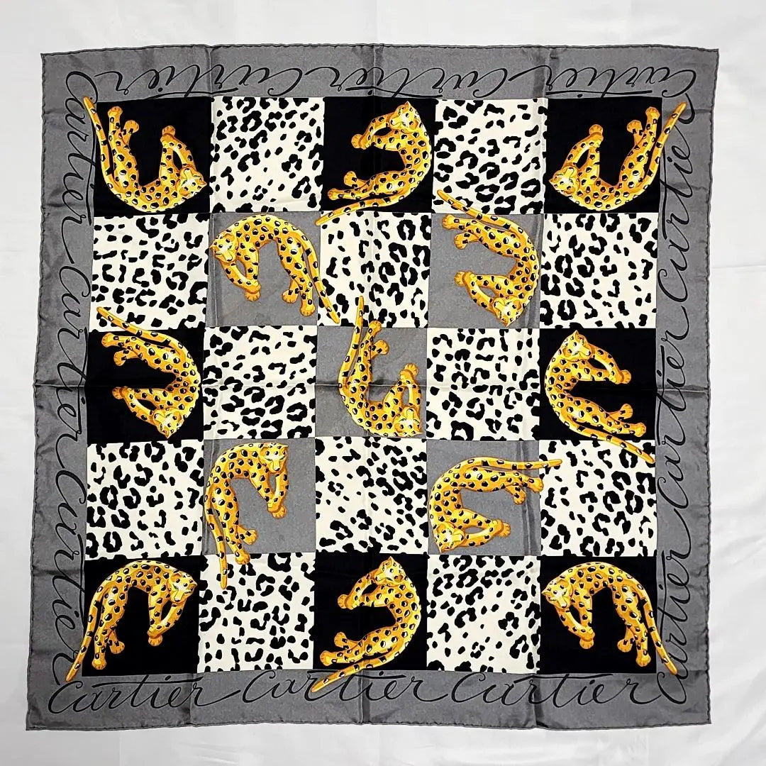 ★Cartier★ Scarf Leopard Leopard Logo Check Silk Grey