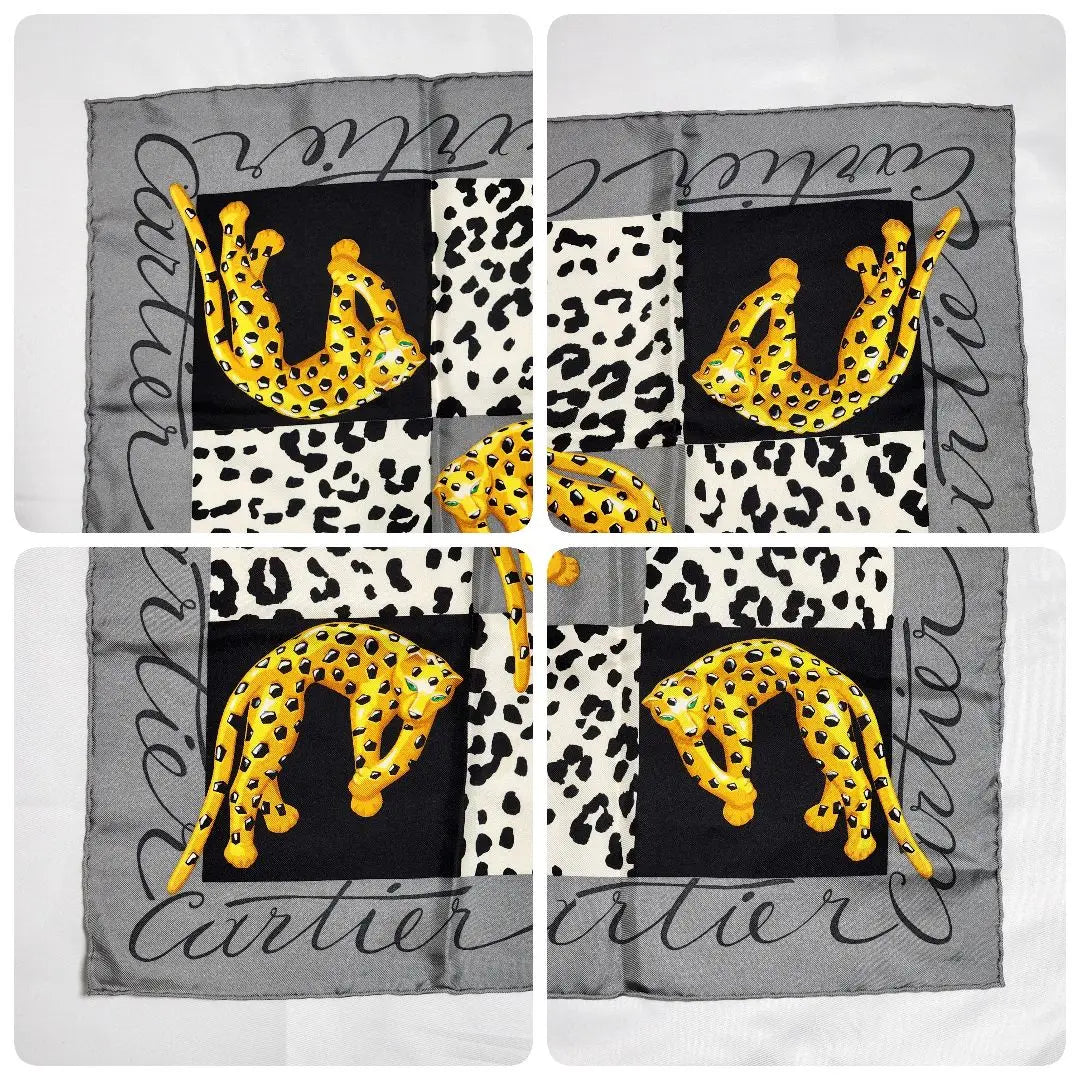 ★Cartier★ Scarf Leopard Leopard Logo Check Silk Grey