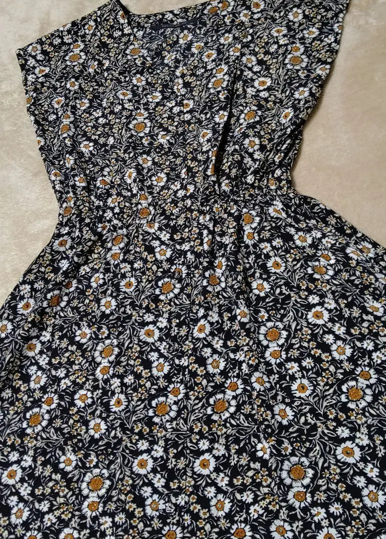 Floral pattern, short sleeve dress, retro, elastic waist, free size