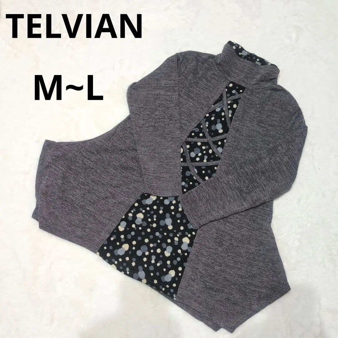 [TELVIAN] Long-sleeved tunic, high neck, polka dots, loose, gray, rayon blend