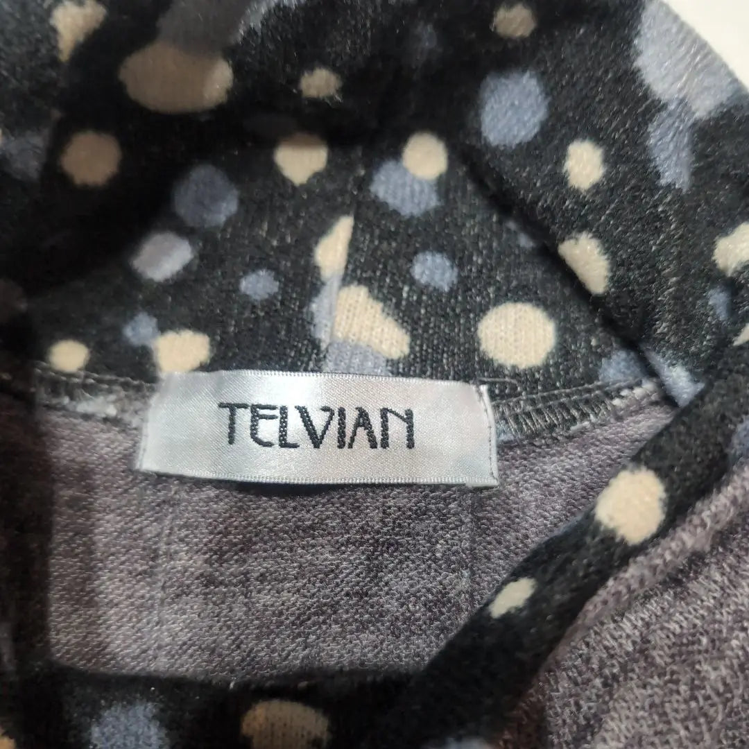 [TELVIAN] Long-sleeved tunic, high neck, polka dots, loose, gray, rayon blend