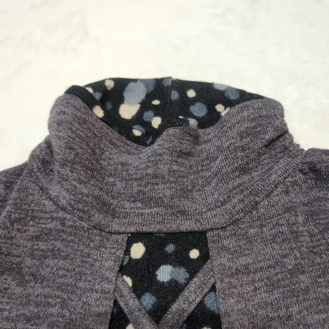 [TELVIAN] Long-sleeved tunic, high neck, polka dots, loose, gray, rayon blend