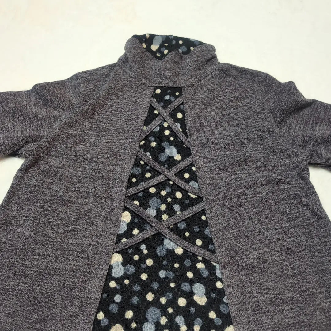 [TELVIAN] Long-sleeved tunic, high neck, polka dots, loose, gray, rayon blend