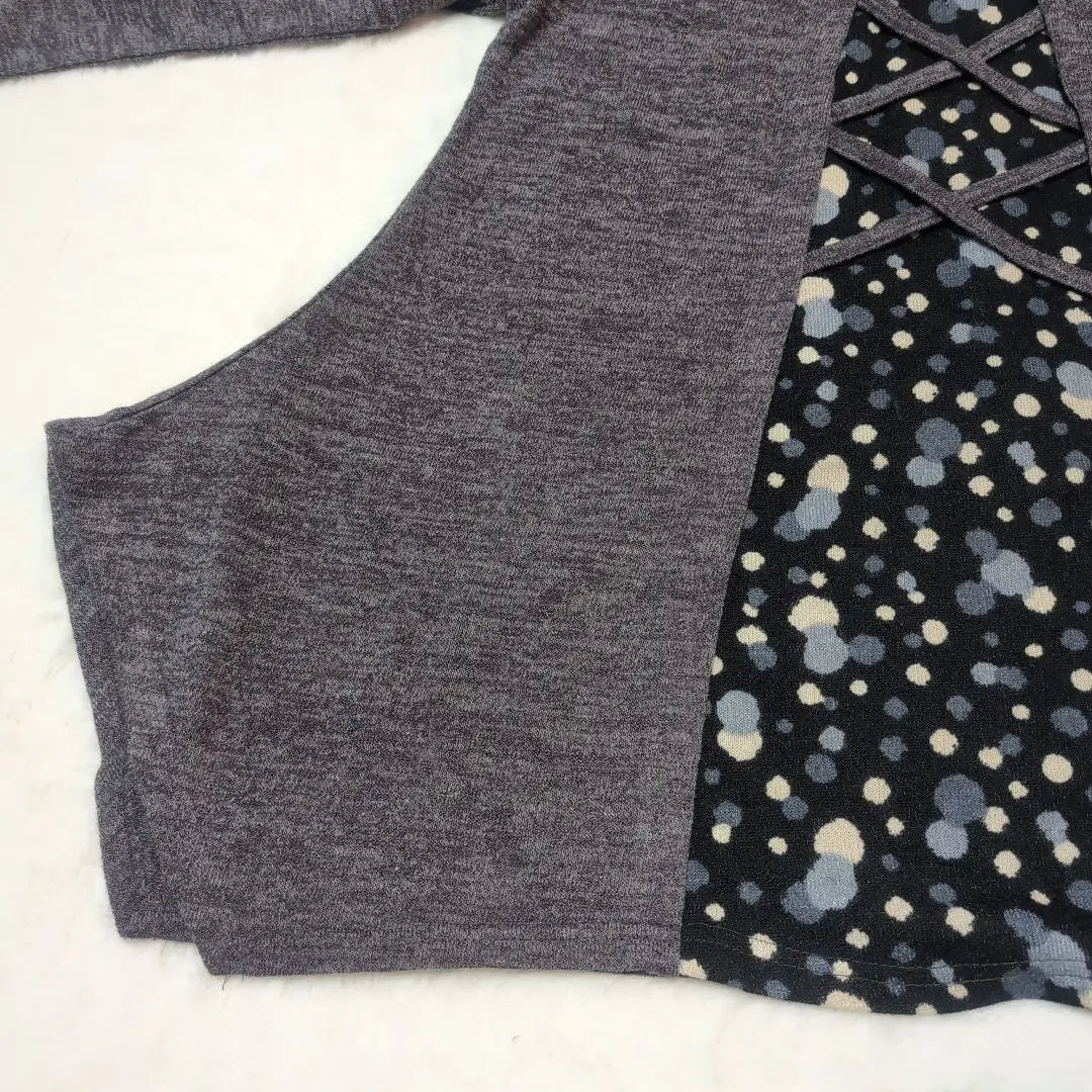 [TELVIAN] Long-sleeved tunic, high neck, polka dots, loose, gray, rayon blend