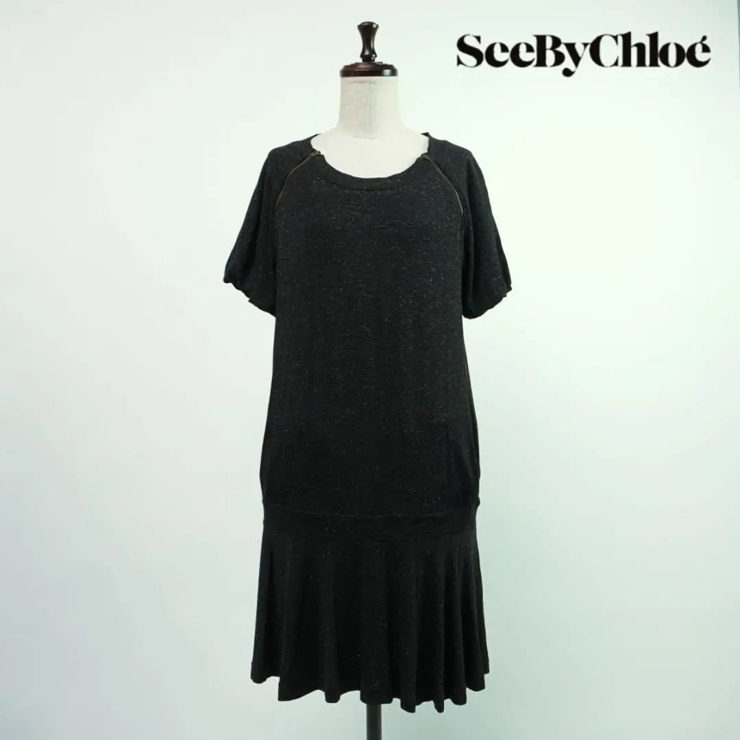 Beautiful condition Sea Bike Roe Glitter Short-sleeved Ruffled Dress Black Size S*OC235