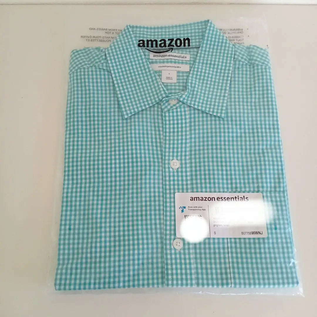 amazonessentials men's short sleeve check shirt, size S light blue cotton