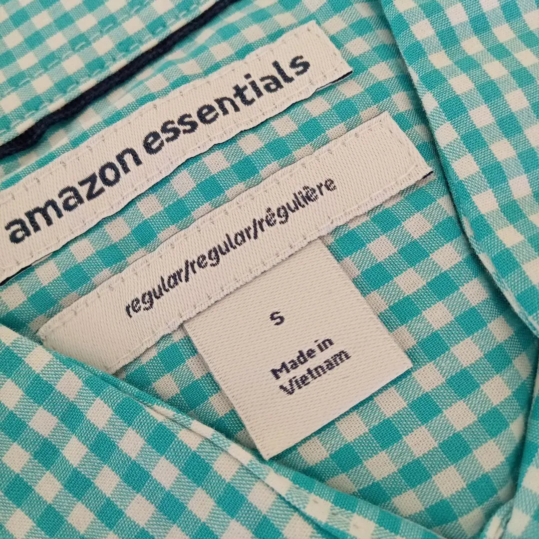 amazonessentials men's short sleeve check shirt, size S light blue cotton