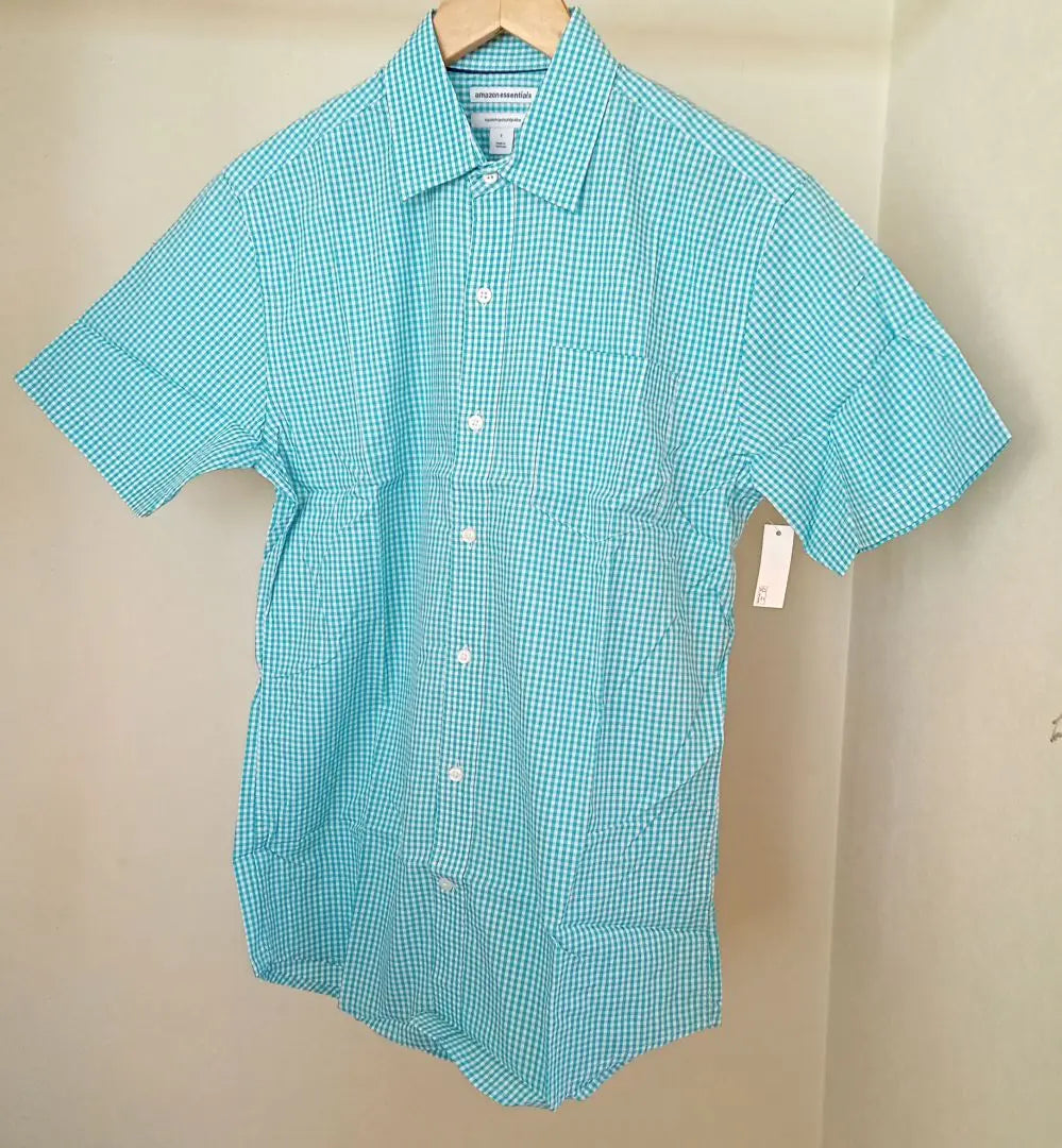 amazonessentials men's short sleeve check shirt, size S light blue cotton