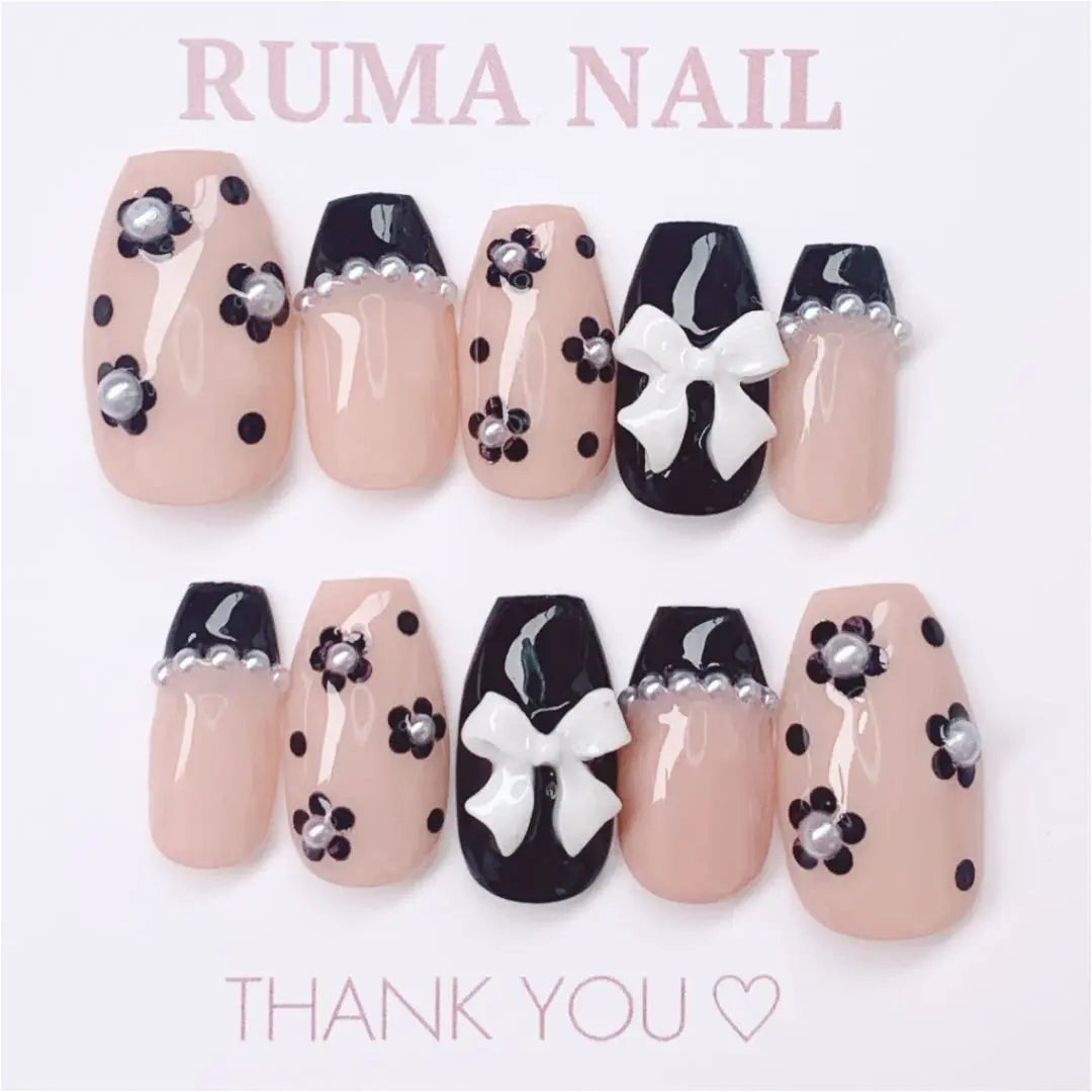 Nail tips ordered, Korea, beige nails, mass-produced, ribbon, flower