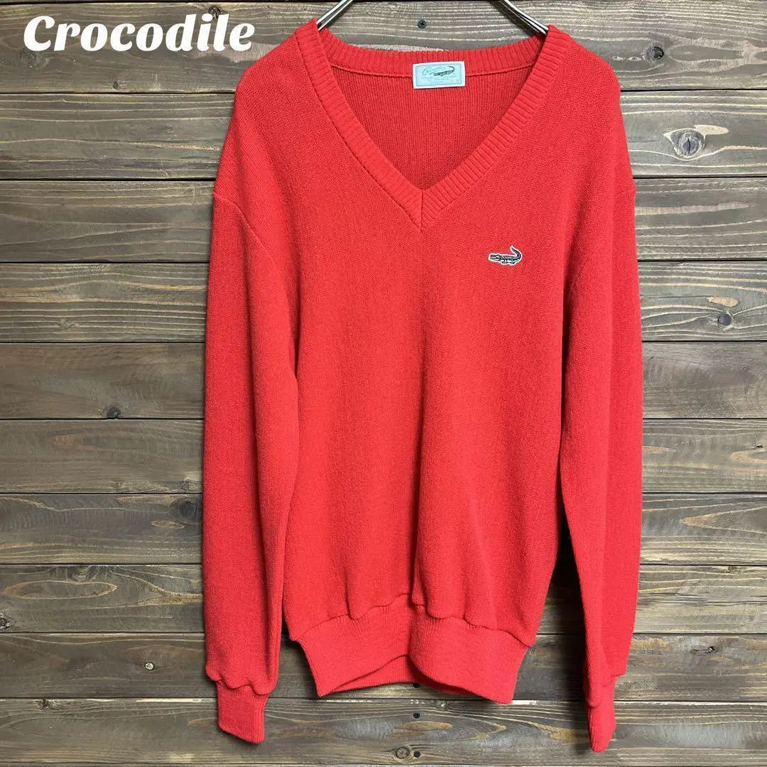 ♦︎【Crocodile】Knit sweater V-neck embroidered logo simple golf M