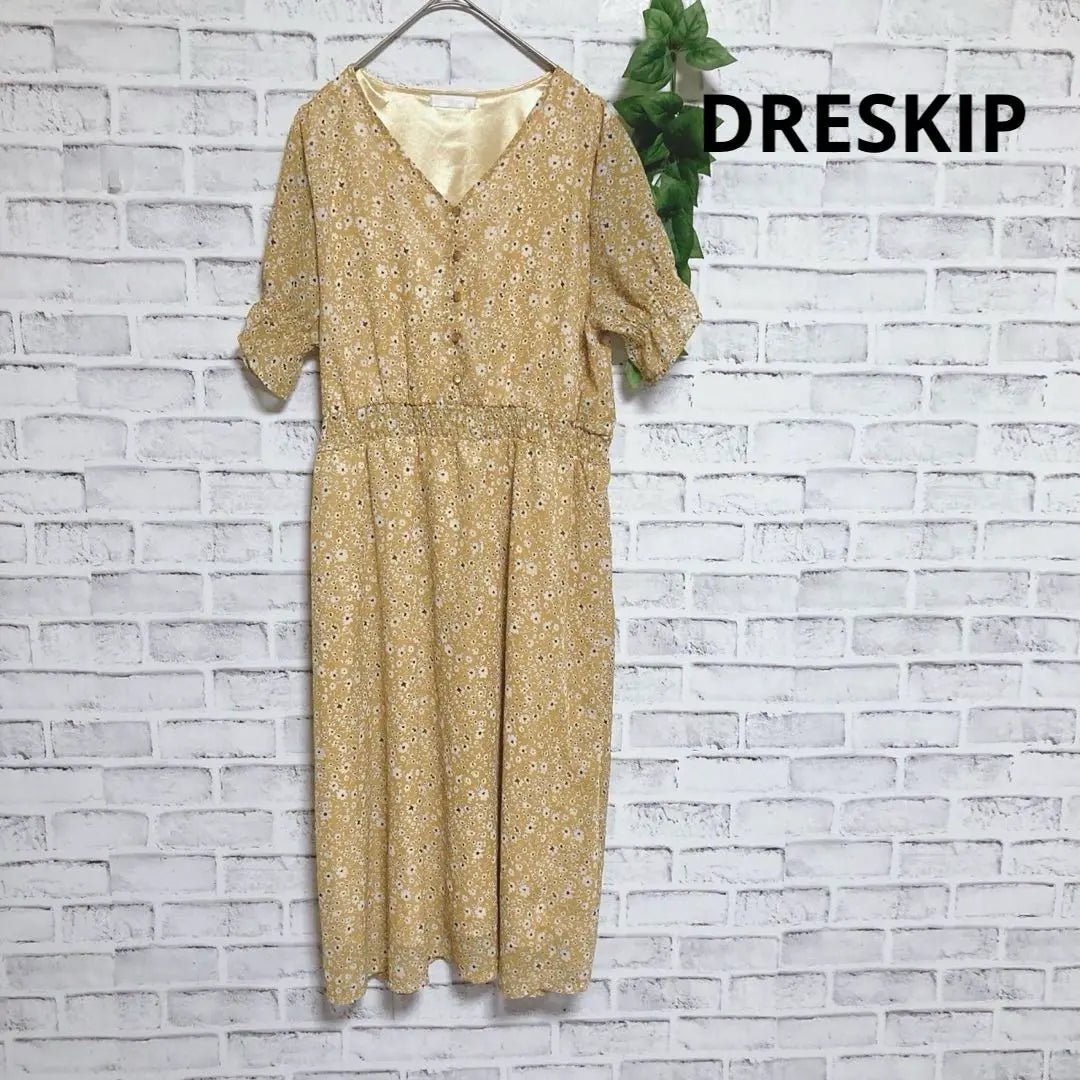 Good condition [Dress Kip] (L) No collar dress, long, elastic waist, floral pattern yellow