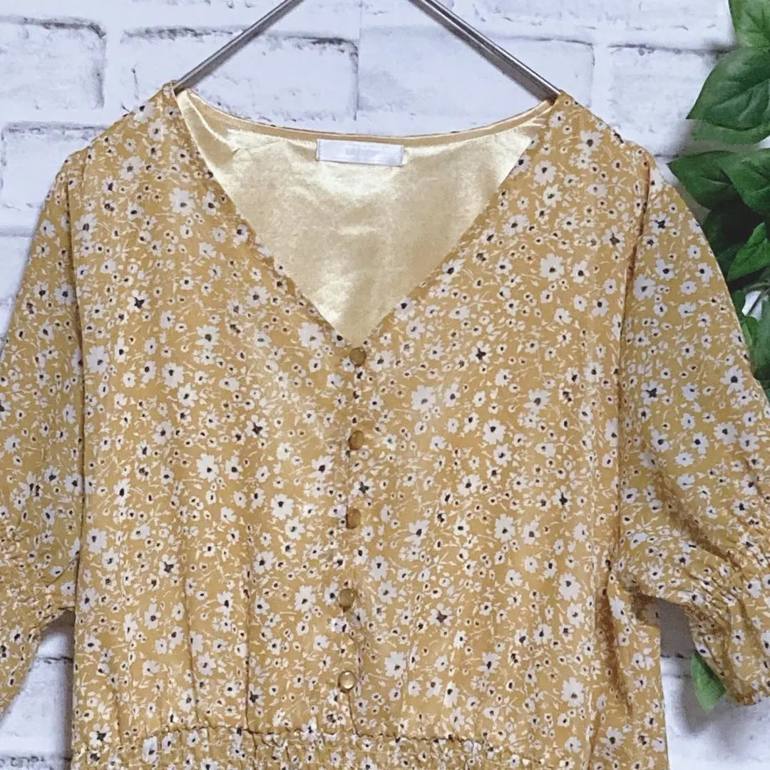 Good condition [Dress Kip] (L) No collar dress, long, elastic waist, floral pattern yellow