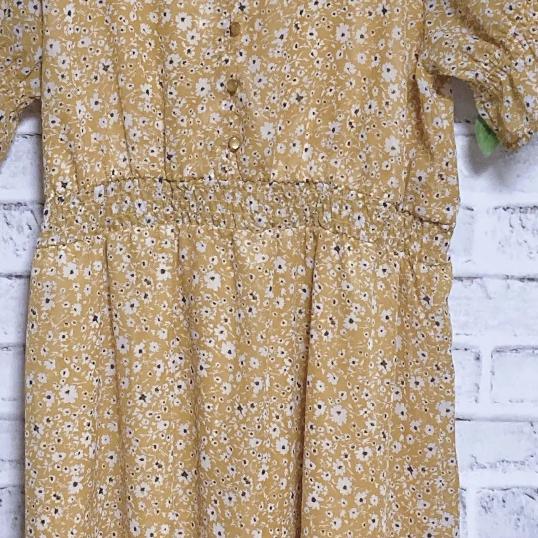 Good condition [Dress Kip] (L) No collar dress, long, elastic waist, floral pattern yellow