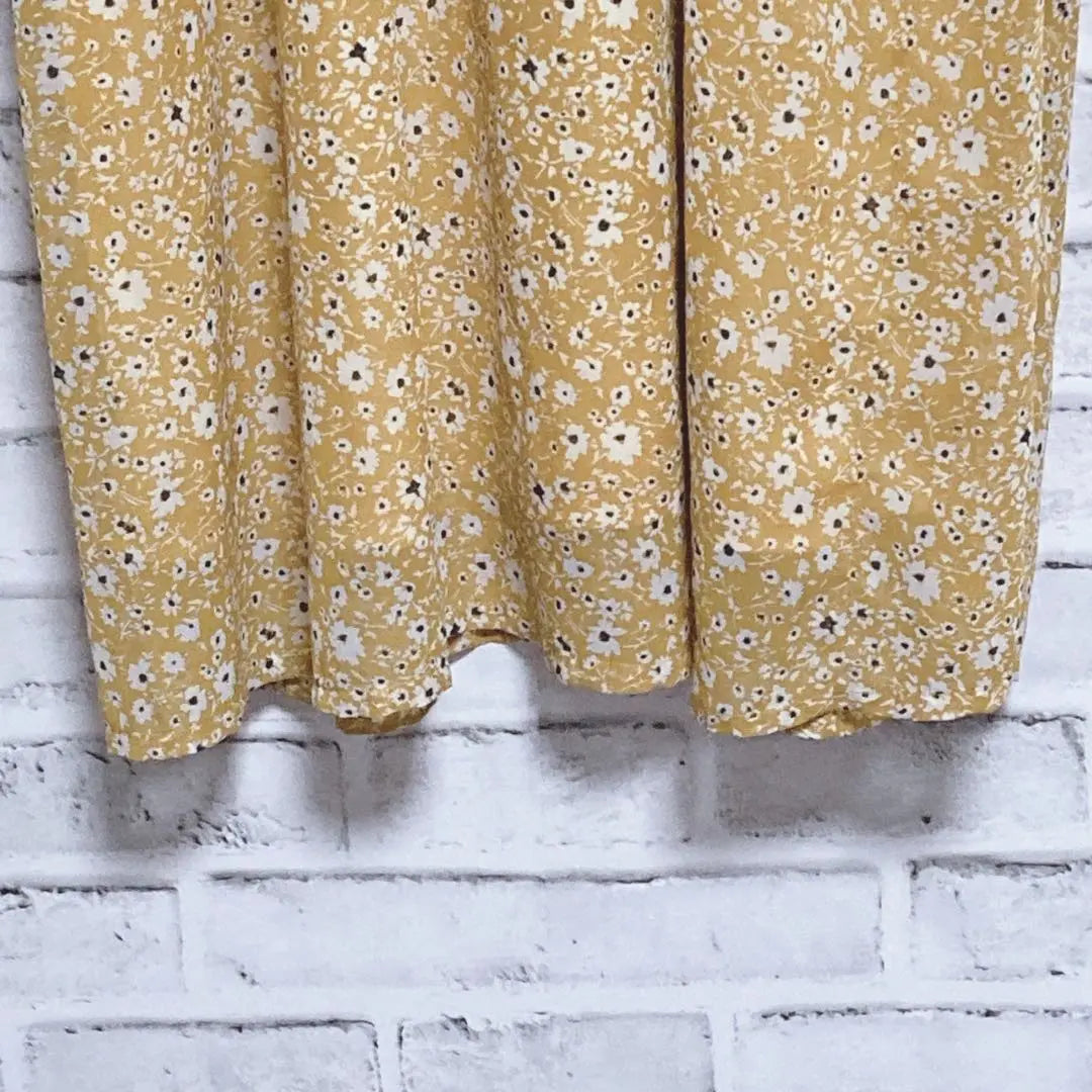 Good condition [Dress Kip] (L) No collar dress, long, elastic waist, floral pattern yellow