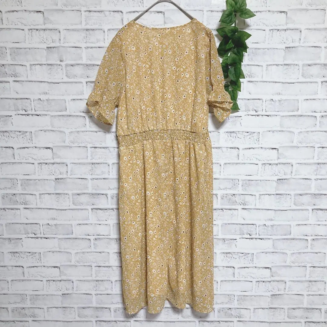 Good condition [Dress Kip] (L) No collar dress, long, elastic waist, floral pattern yellow