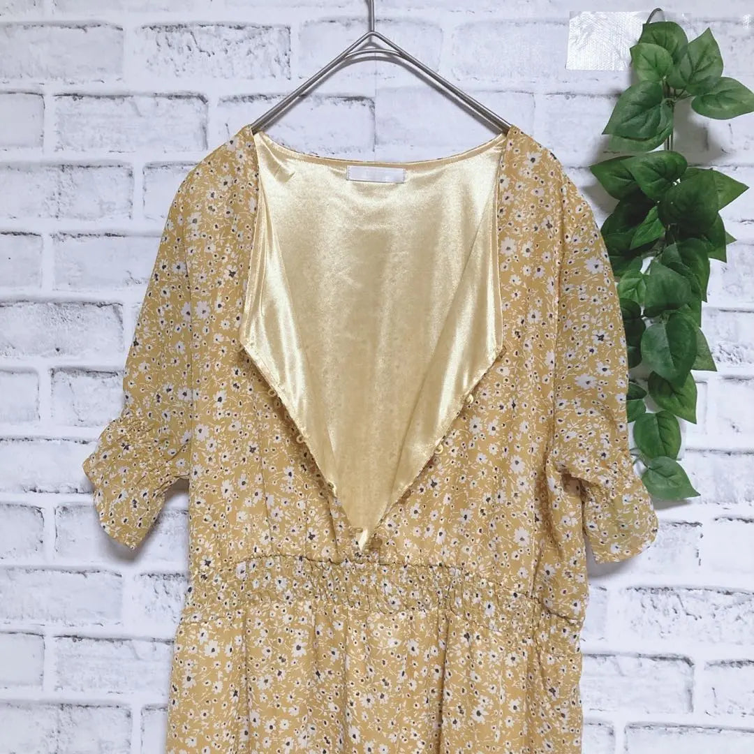 Good condition [Dress Kip] (L) No collar dress, long, elastic waist, floral pattern yellow