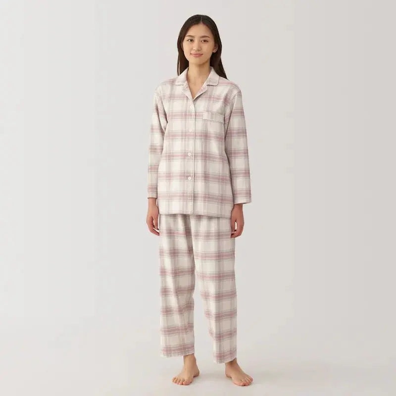 312.Flannel pajamas with no side seams, smoky pink check, women's