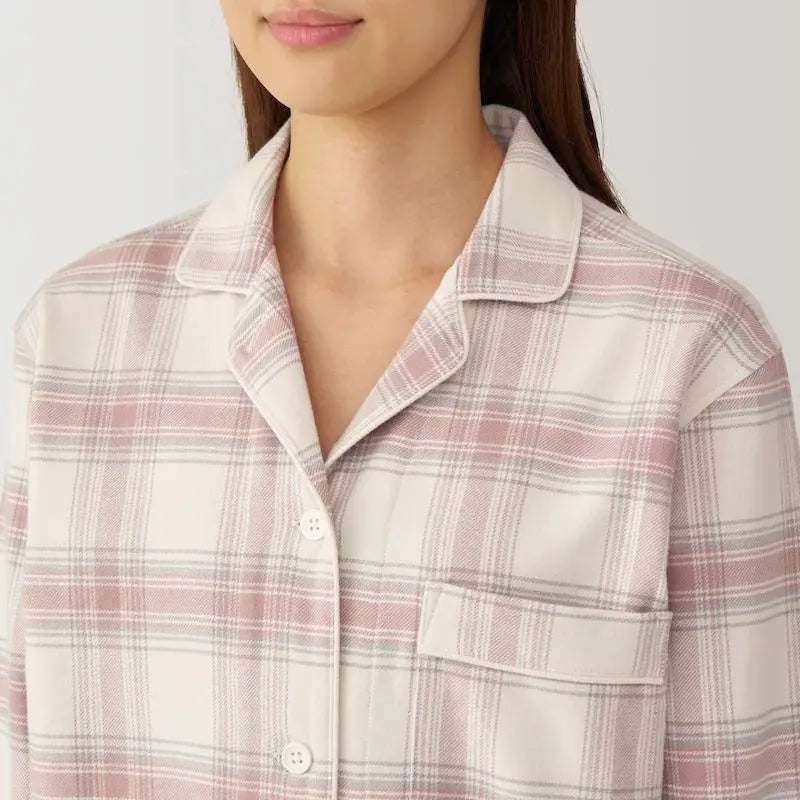 312.Flannel pajamas with no side seams, smoky pink check, women's