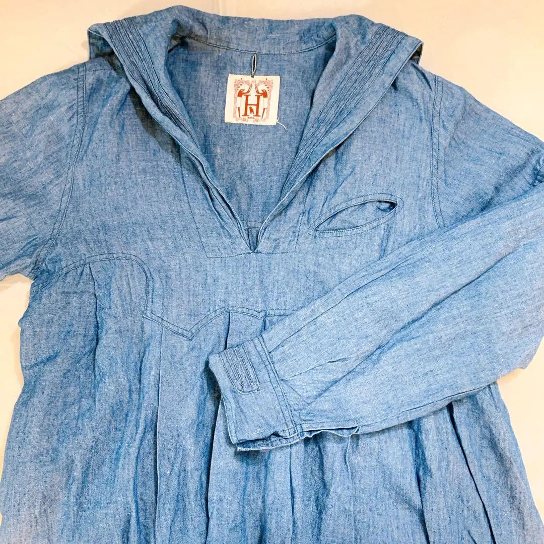 [Extremely beautiful] No brand linen blue denim style sailor collar flared dress