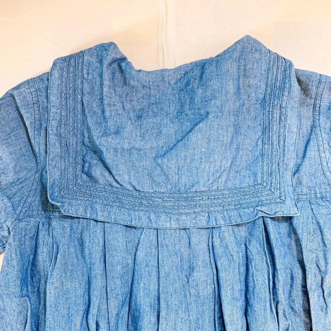 [Extremely beautiful] No brand linen blue denim style sailor collar flared dress