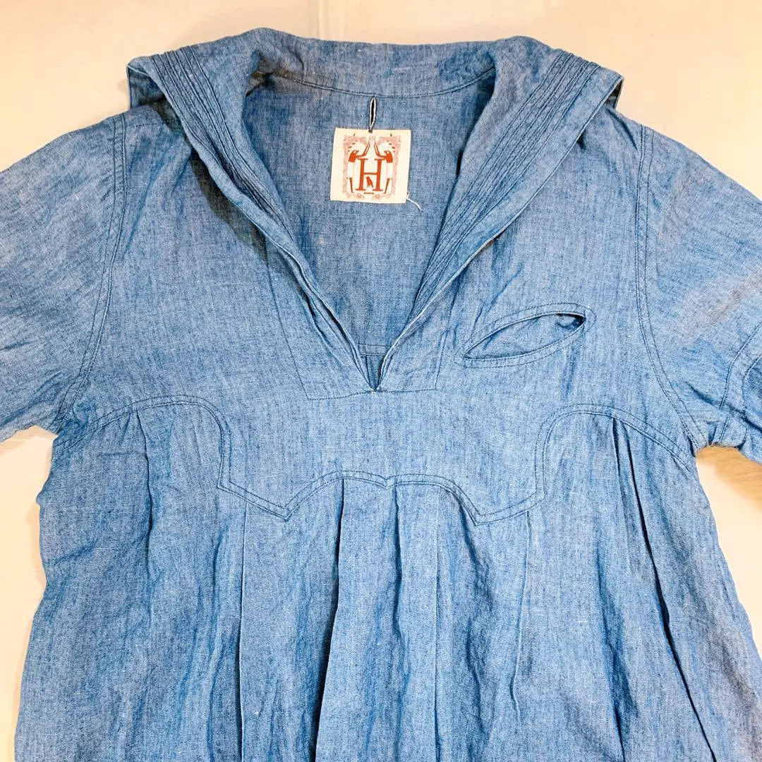 [Extremely beautiful] No brand linen blue denim style sailor collar flared dress