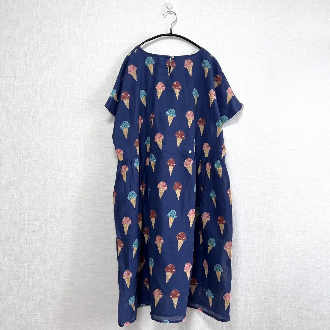 778◆ Ice cream pattern navy short sleeve tunic Lm cotton