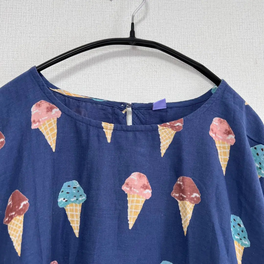 778◆ Ice cream pattern navy short sleeve tunic Lm cotton