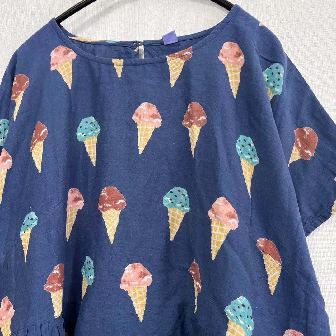 778◆ Ice cream pattern navy short sleeve tunic Lm cotton