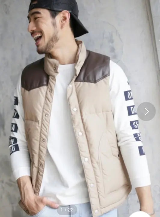 Bayflow Yoke Leather Down Vest L Size Beige & Charcoal