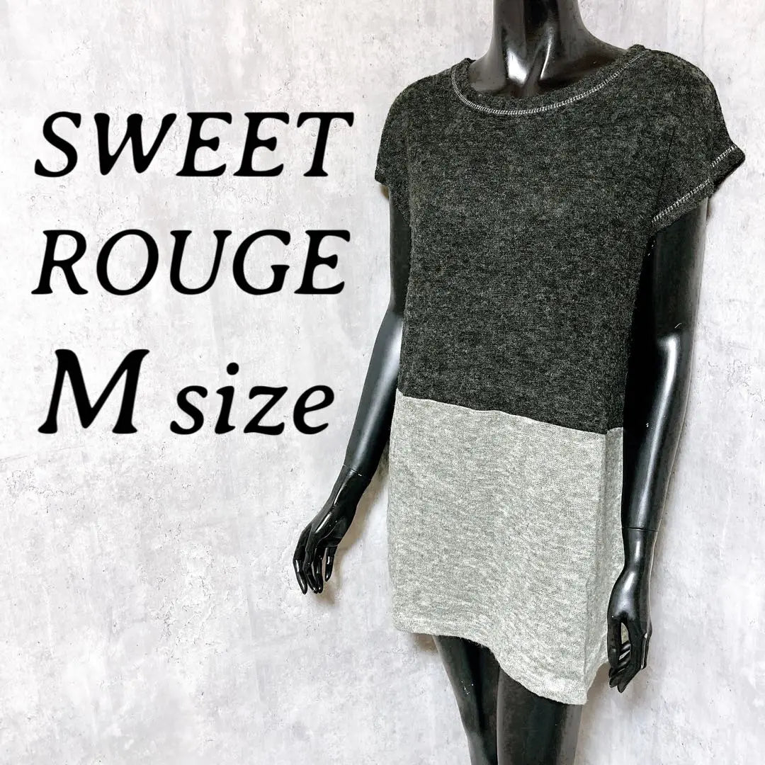 [SWEET ROUGE] Bicolor knit tunic, short sleeves, charcoal gray