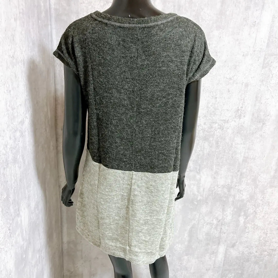 [SWEET ROUGE] Bicolor knit tunic, short sleeves, charcoal gray