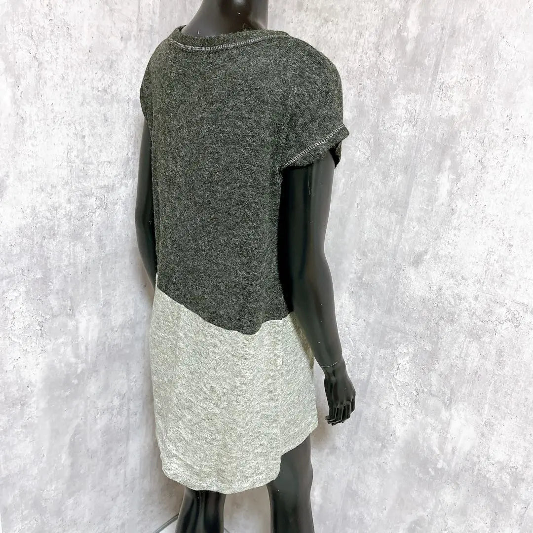 [SWEET ROUGE] Bicolor knit tunic, short sleeves, charcoal gray