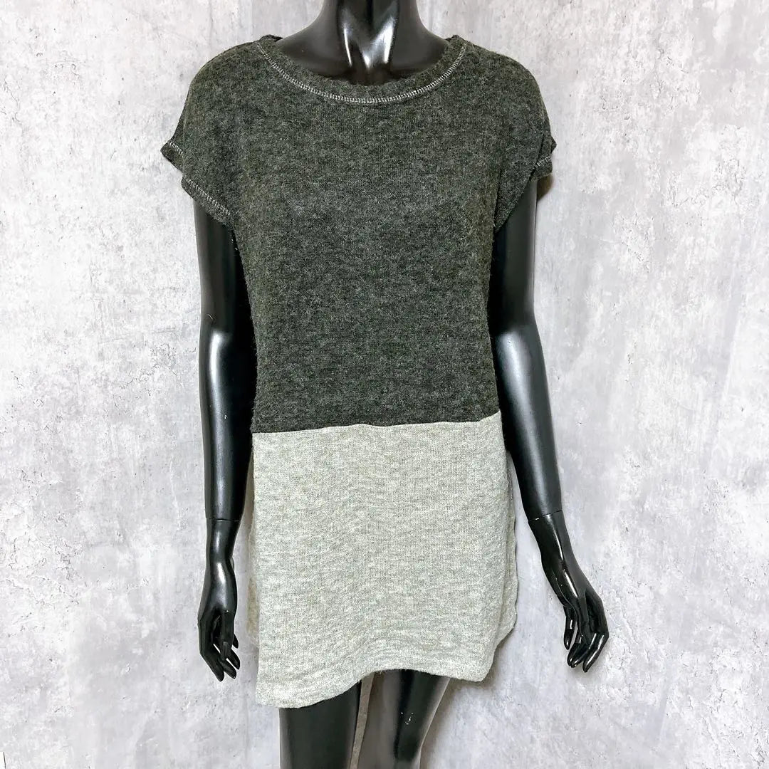 [SWEET ROUGE] Bicolor knit tunic, short sleeves, charcoal gray