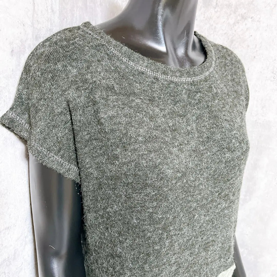 [SWEET ROUGE] Bicolor knit tunic, short sleeves, charcoal gray