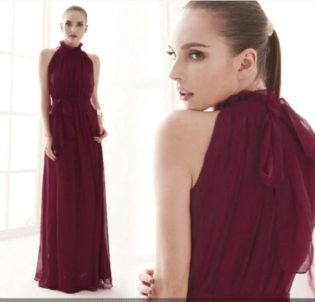 Chiffon long one-piece dress wine red pre-photo shoot ★ sleeveless