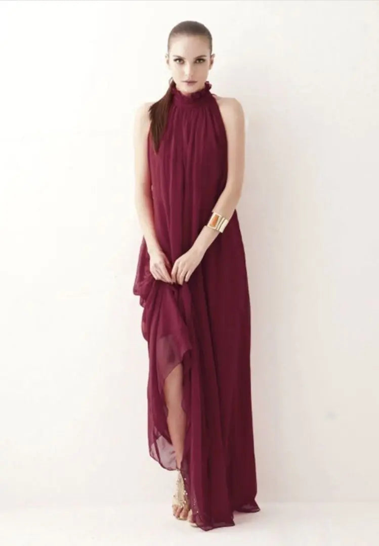 Chiffon long one-piece dress wine red pre-photo shoot ★ sleeveless