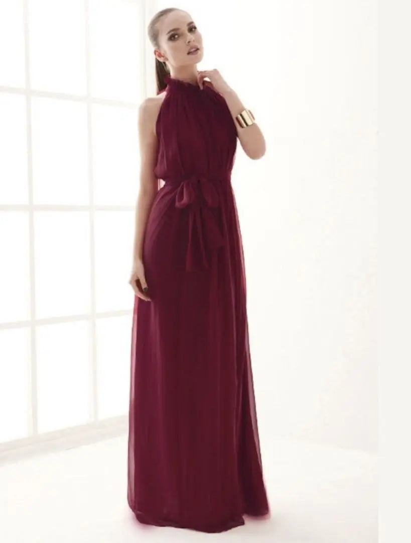 Chiffon long one-piece dress wine red pre-photo shoot ★ sleeveless