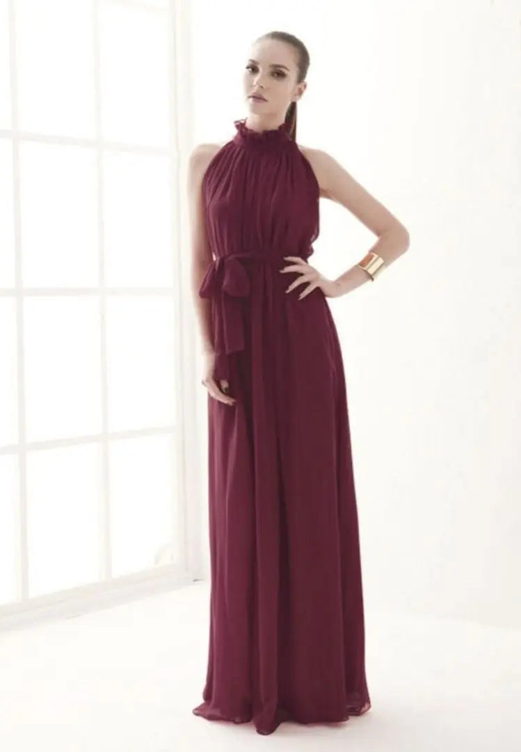 Chiffon long one-piece dress wine red pre-photo shoot ★ sleeveless