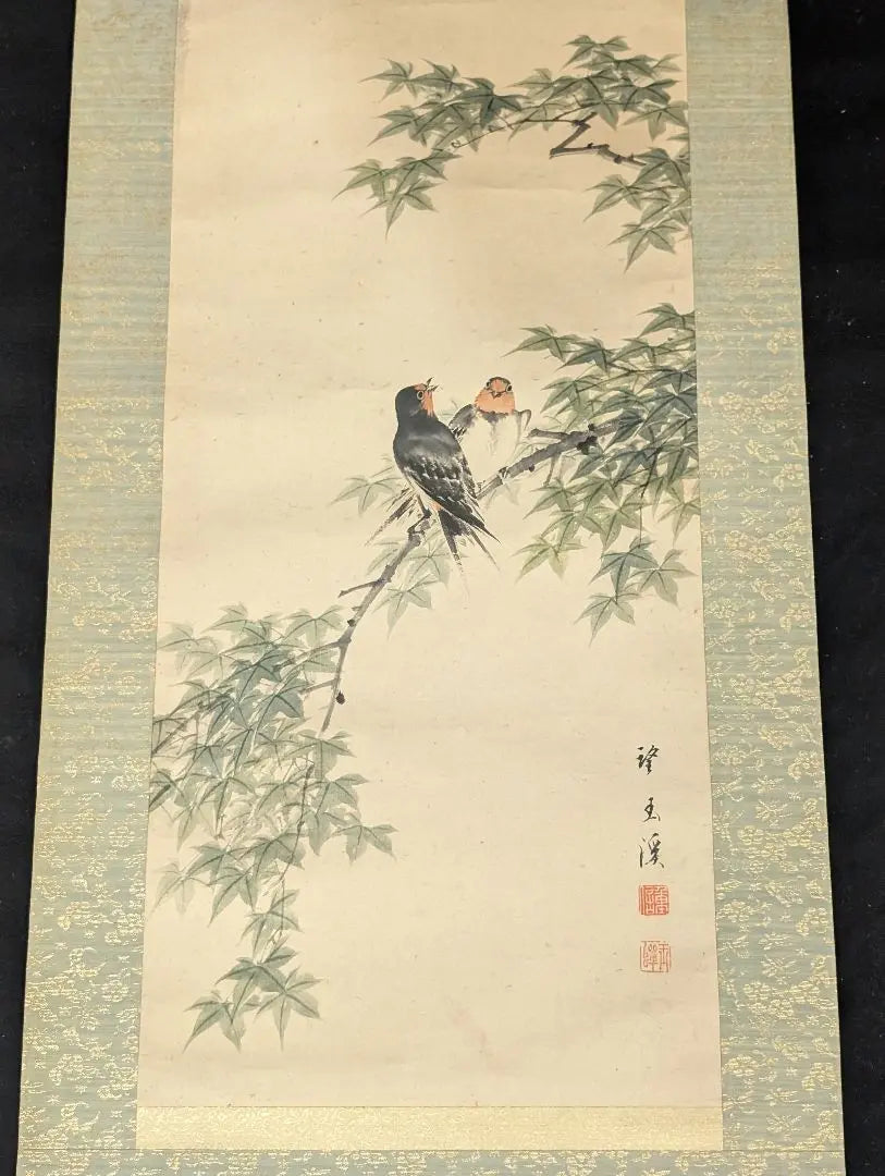 Mochizuki Yankei Mochizuki Yanzu Mochizuki Tamasei Theme Japanese painting Flower and bird painting Tea hanging scroll Hand-painted blue maple flying explosion