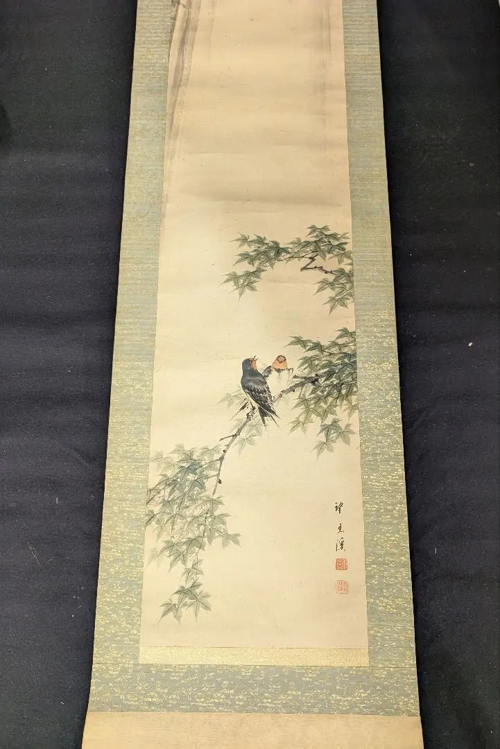 Mochizuki Yankei Mochizuki Yanzu Mochizuki Tamasei Theme Japanese painting Flower and bird painting Tea hanging scroll Hand-painted blue maple flying explosion