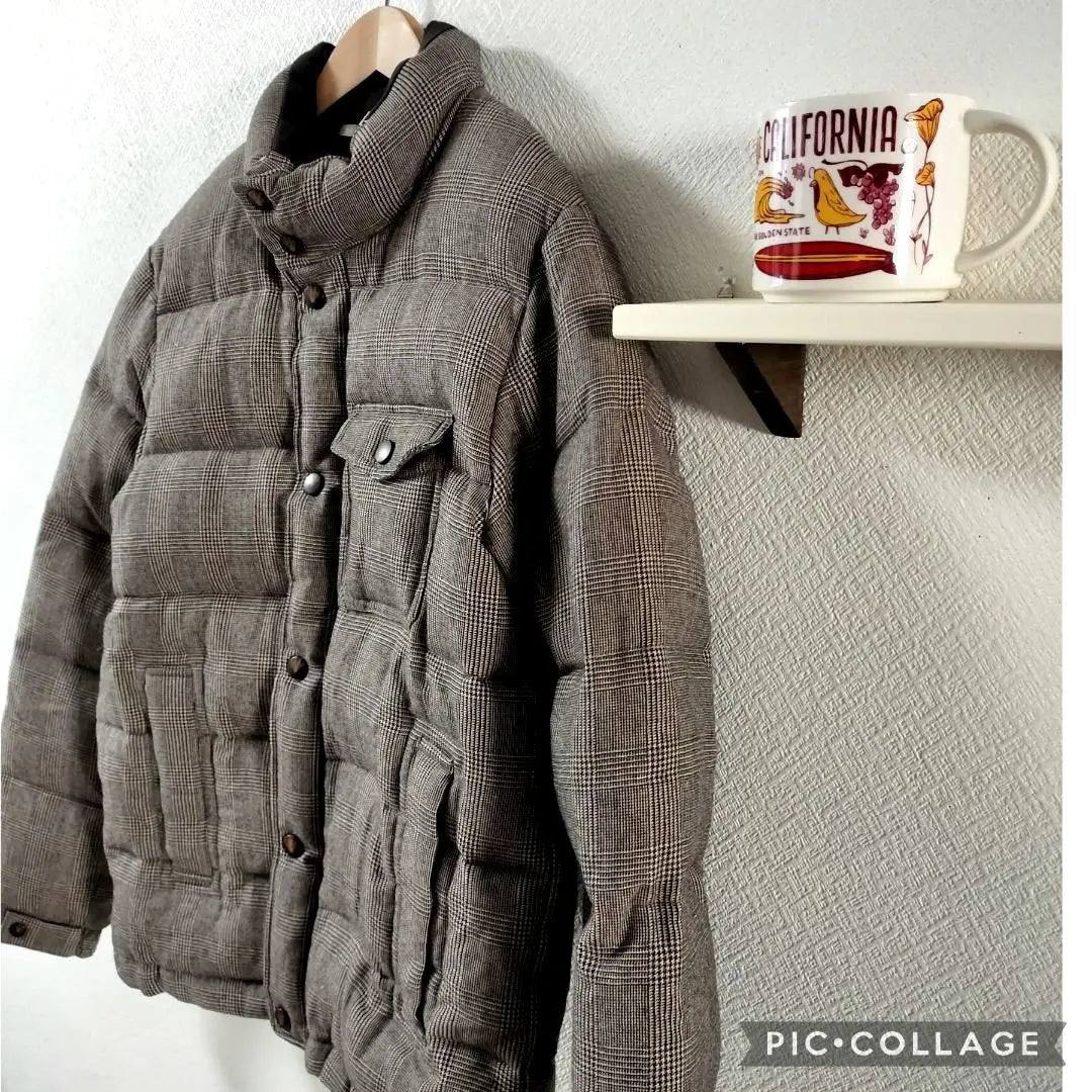 Beautiful goods United Arrows ★ Down jacket standing collar staggered with wool tea system | 美品ユナイテッドアローズ★ダウンジャケット　立ち襟　千鳥柄　ウール　茶系　L