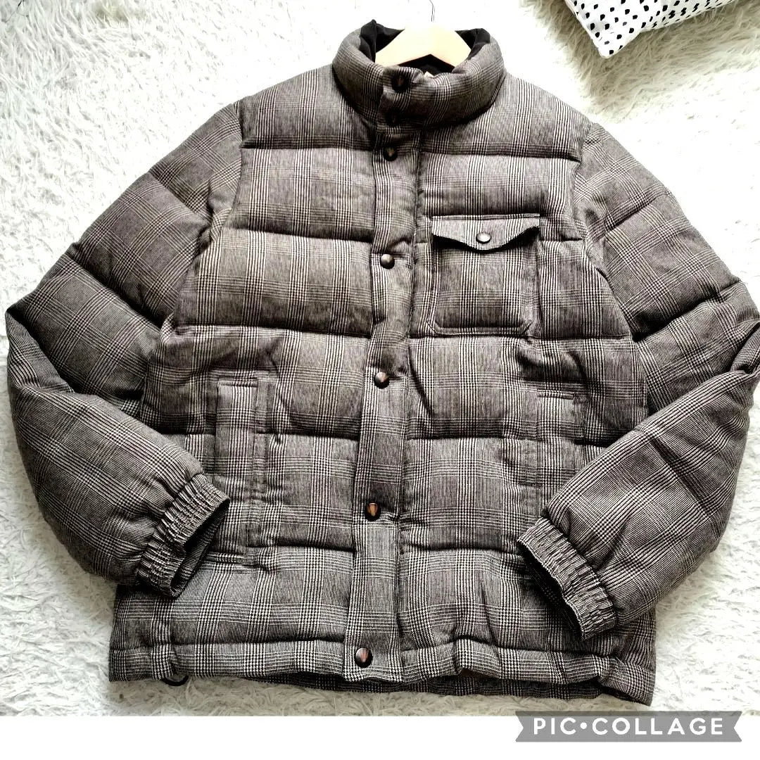 Beautiful goods United Arrows ★ Down jacket standing collar staggered with wool tea system | 美品ユナイテッドアローズ★ダウンジャケット　立ち襟　千鳥柄　ウール　茶系　L