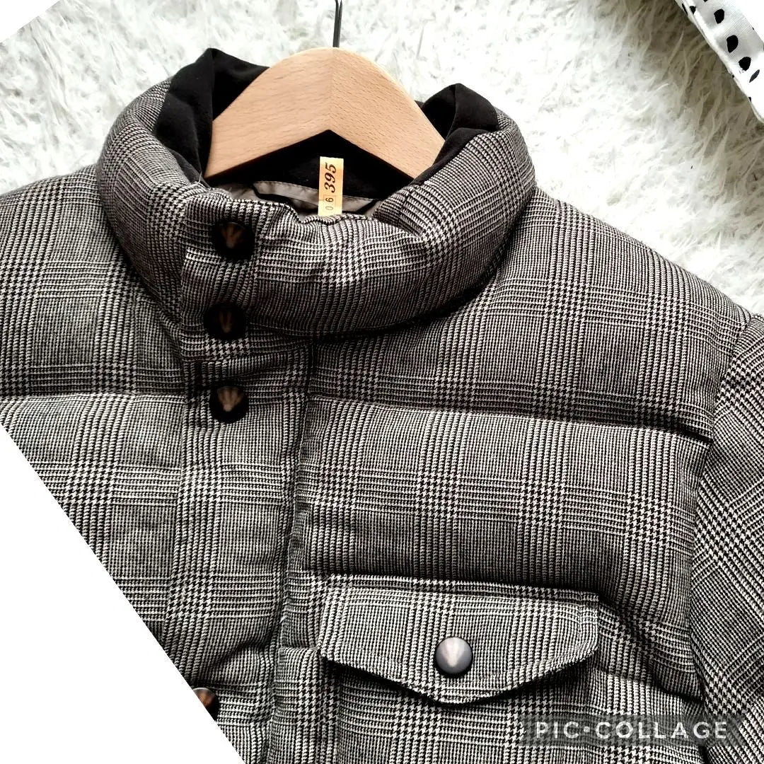 Beautiful goods United Arrows ★ Down jacket standing collar staggered with wool tea system | 美品ユナイテッドアローズ★ダウンジャケット　立ち襟　千鳥柄　ウール　茶系　L