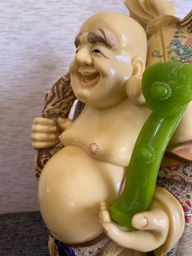 Hotei statue, Hotei-son, color painting, smiling Buddha statue, ornament, good fortune, lucky charm, antique