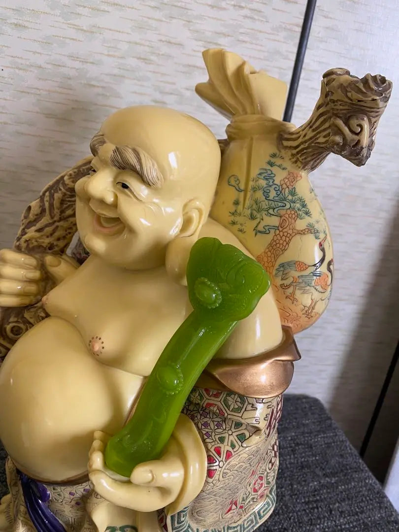 Hotei statue, Hotei-son, color painting, smiling Buddha statue, ornament, good fortune, lucky charm, antique