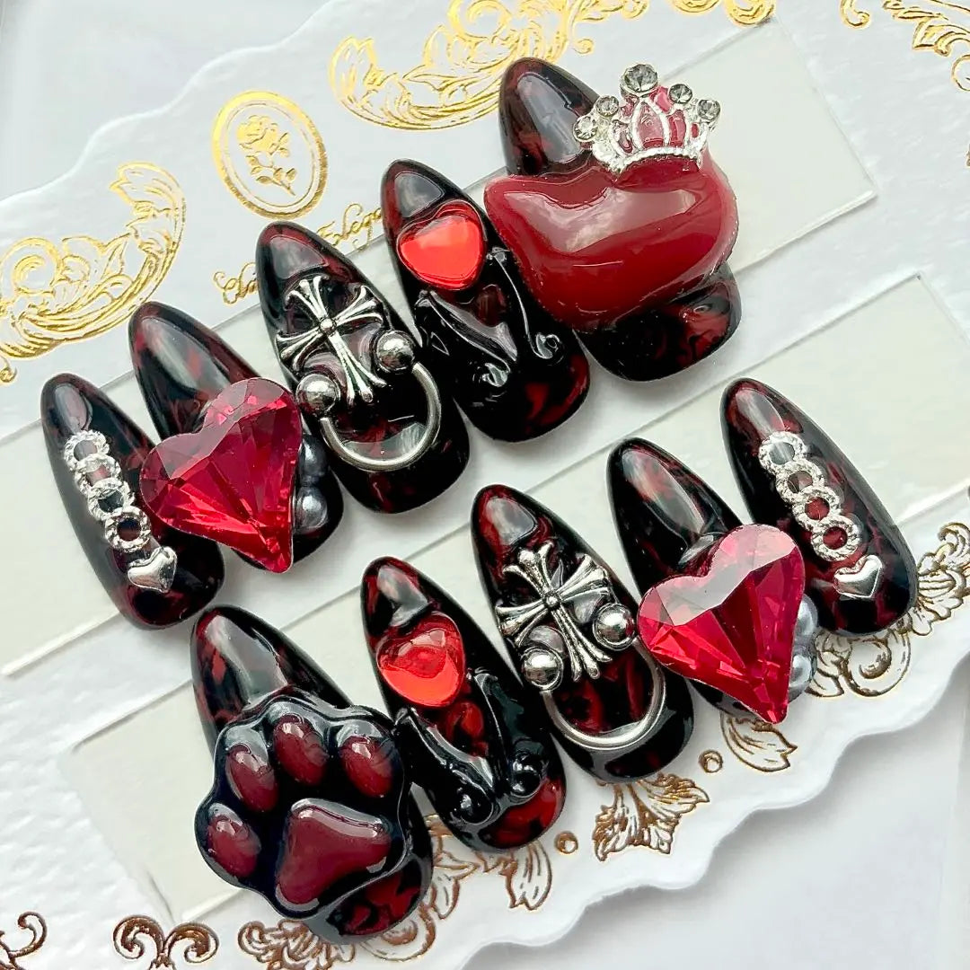 Nail tip mass-produced landmine subculture red black paw wings heart ribbon