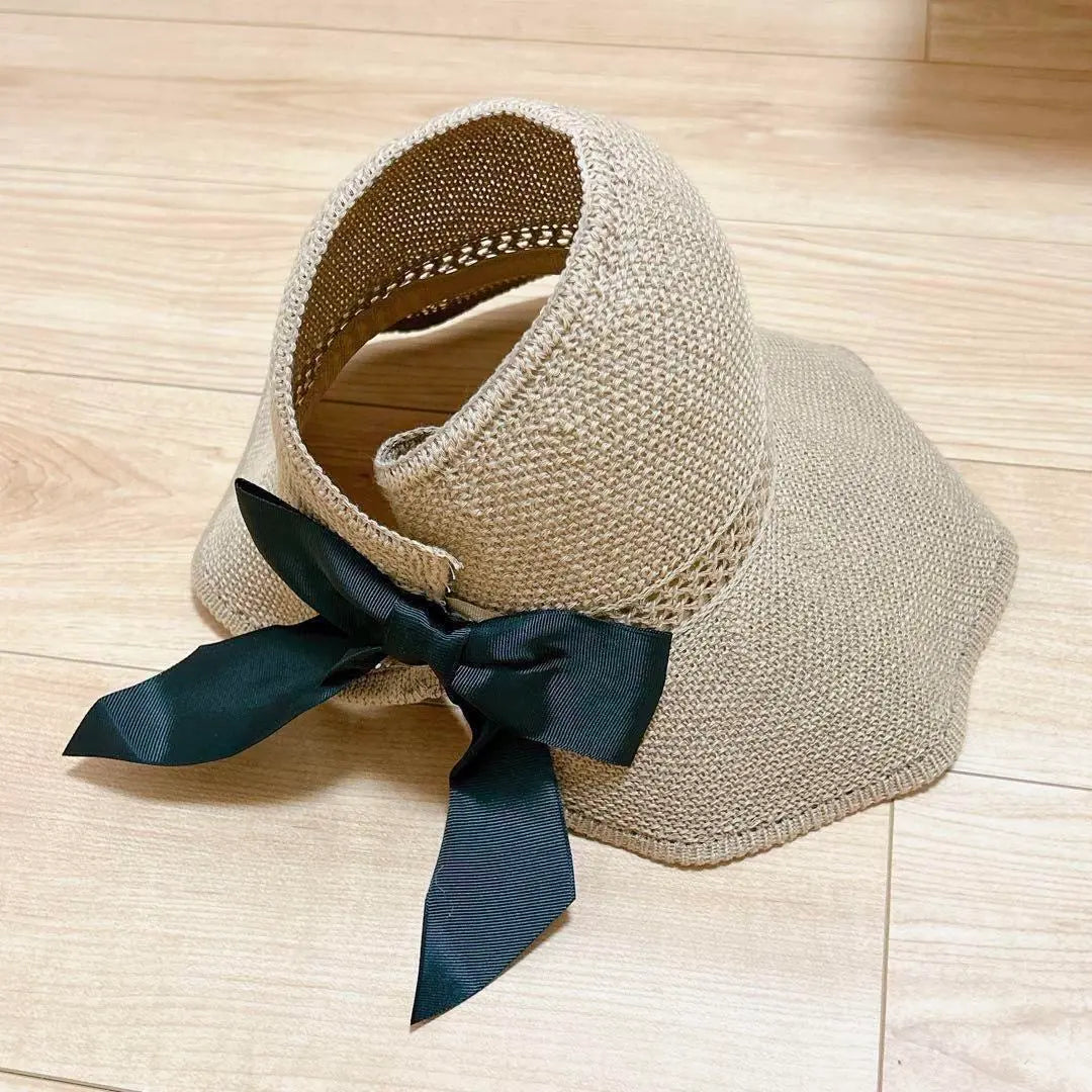 Straw hat, beige, UV protection, wide brim, with ribbon, foldable, adjustable size