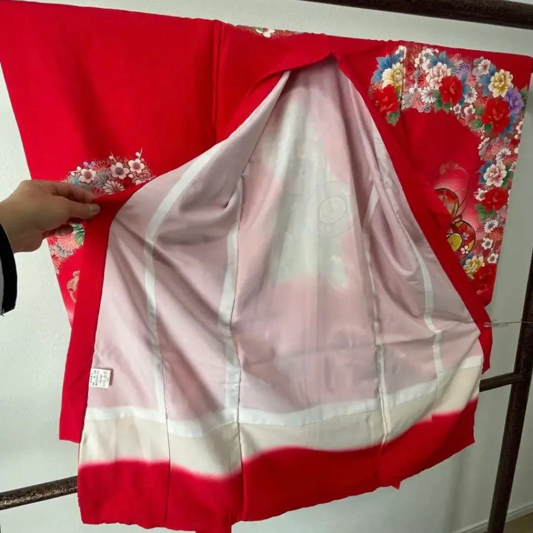 Super beautiful condition, shrine visit, pure silk, baby kimono, first kimono, girl, kimono, red, tsuzumi, peony