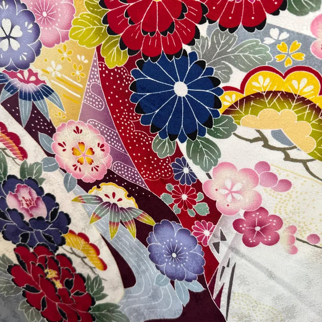 Full set of furisode (7 pieces), guard processed, dyed with mold, mai cherry blossoms, snowy circles, chrysanthemums, pine, bamboo, plum, cloisonne, ekasu